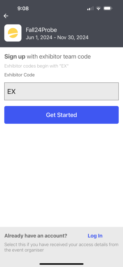 Sign up with exhibitor team code